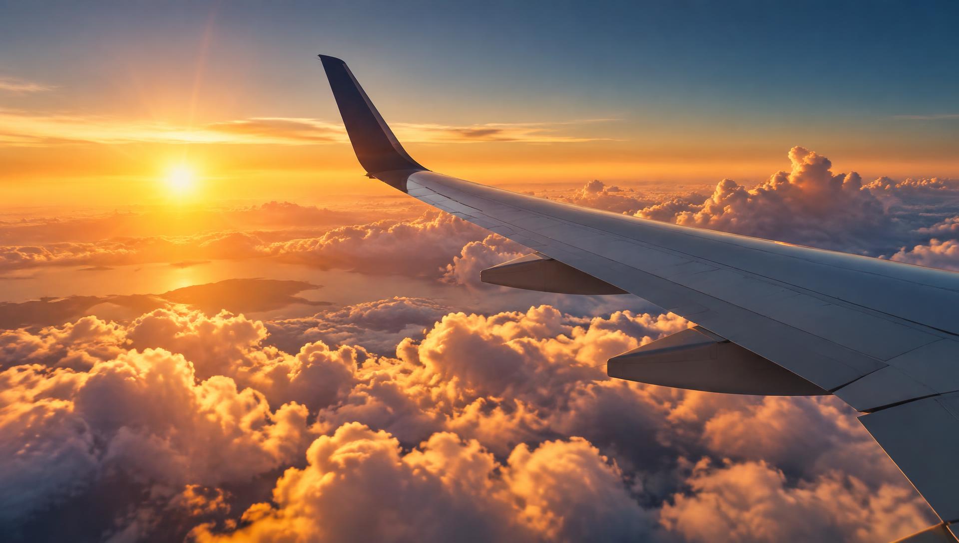 Airplane wing above golden sunset clouds
